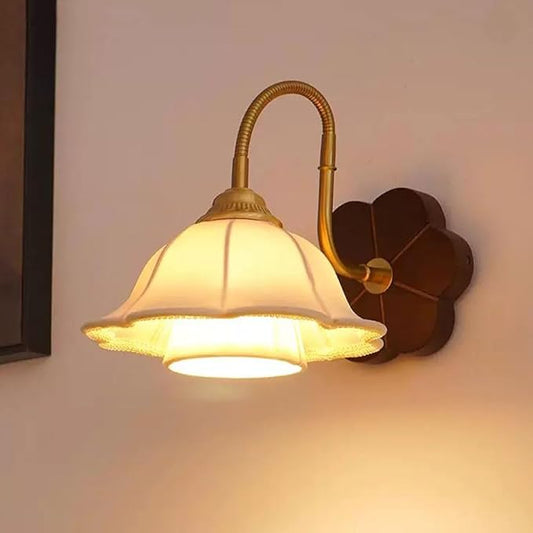 French Art Wall Light Fixture Nordic Walnut Wood Wall Sconce with White Double Layer Fabric Shade, Wabi Sabi Japanese Style Home Deco Lighting Fixture Gold Retro Indoor Hardwired Sconces