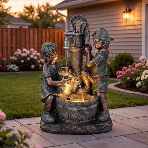 26" Boy and Girl Outdoor Fountain LED 3