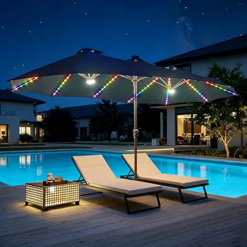 15 ft Large Patio Umbrella with Color Changing Lights