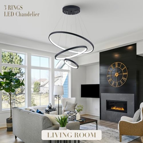 Modern LED Chandeliers 3 Rings Black Chandelier Dimmable LED Pendant Light Fixture Remote Control Contemporary Flush Mount Chandelier for Dining Room Bedroom Foyer