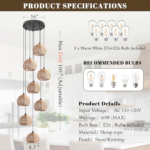 8 Light Woven Foyer Chandeliers for High Ceiling H100"