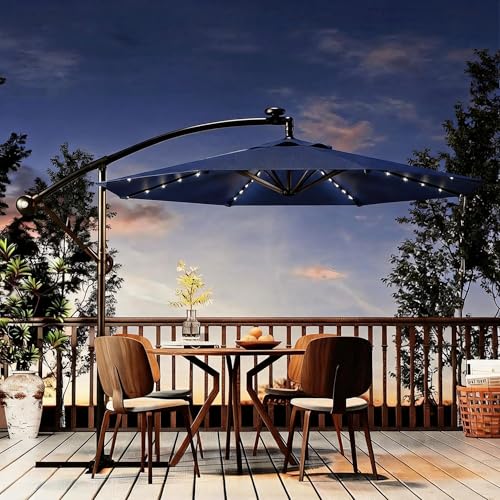 10FT Solar Lights Offset Patio Umbrella with Cross Base