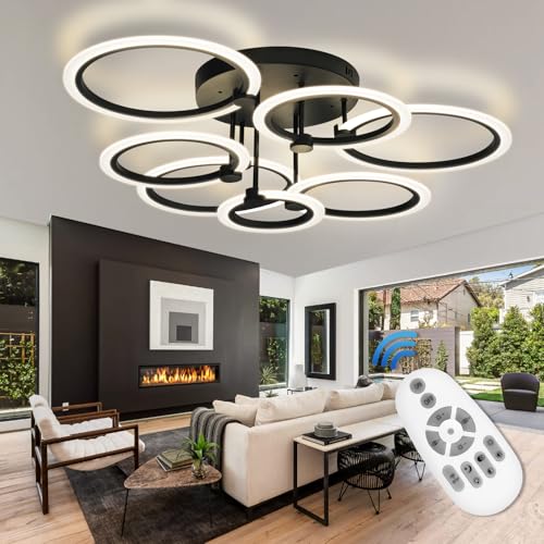 Modern LED Ceiling Light 7 Rings Dimmable Fixtures with Remote Black Close to Ceiling Light 31.8" 130W 3000K