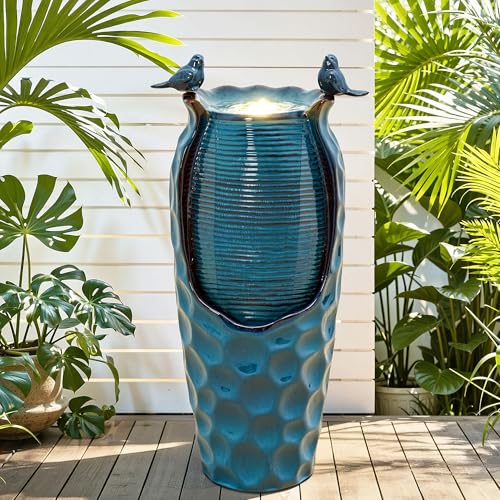 Autodaya 33" Vase Ceramic Outdoor Water Fountain with Lights and Birds