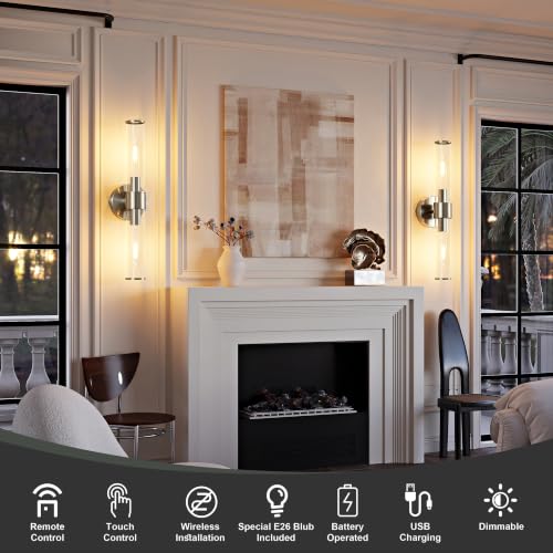 Brushed Nickel Battery Operated Wall Sconces Set of 2