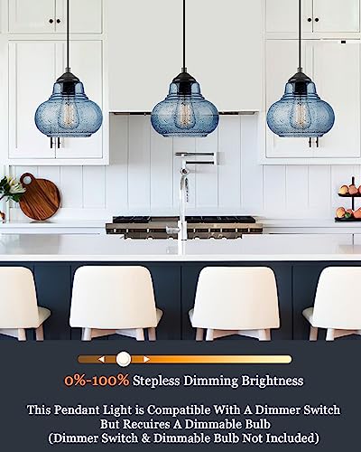 8 Inch Pendant Light for Kitchen Island Modern Blue Hand Blown Bubble Glass Pendant Lighting Hanging Light fixtures for Dining Room Bar Bedroom Living Room