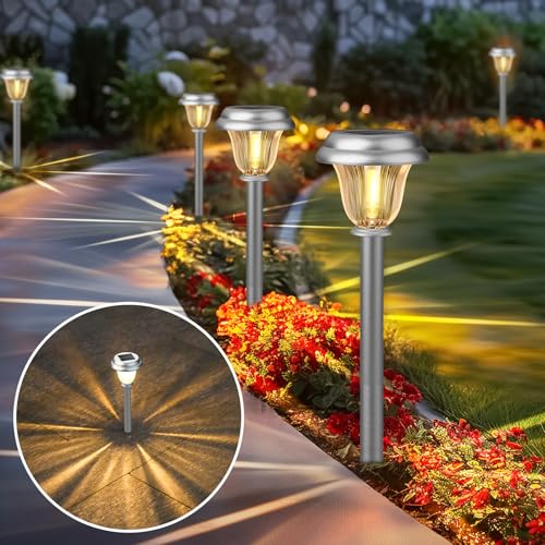Solar Lights Outdoor Waterproof Stainless Steel Glass Solar Pathway Lights (6 Count)