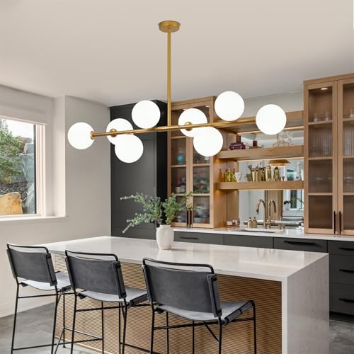 8-Light Gold Sputnik Chandeliers, Mid Century Modern Chandelier for Dining Room Light Fixture Over Table, Height Adjustable, Bubble Glass Globe Ceiling Linear Chandelier for Kitchen Island Foyer