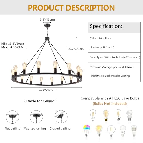 Wagon Wheel Chandelier 16 Light 47" Farmhouse Chandelier for Dining Room