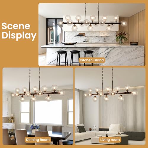 Black Rectangle Chandelier Modern Chandelier Glass Pendant Light Fixture Adjustable for Dining Living Room Kitchen Island 16 (16 Count)