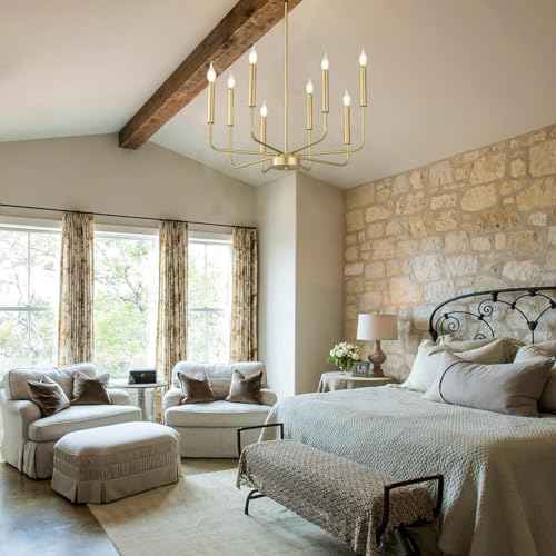 Modern Gold Farmhouse Chandeliers, 8-Light Industrial Metal Chandelier Lighting, Classic Candle Hanging Pendant Light Fixtures for Kitchen Bedroom, Dining Room, Living Room,Foyer