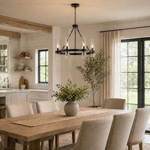 22 Inch Black Wagon Wheel Chandelier with Glass Shade