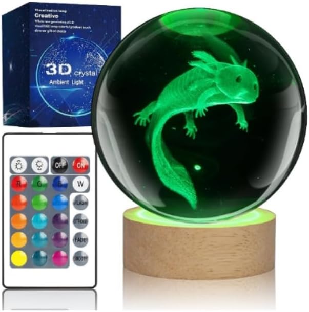 Large 3D Axolotl Crystal Ball Night Light, 16 Color Changing with Remote Control for Bedroom Decor, Ideal Cool Desk Decor Gift for Teens Boys and Girls and Fans, Axolotl
