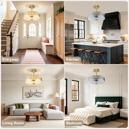 3 Light Semi Flush Mount Ceiling Light (Gold/Clear)