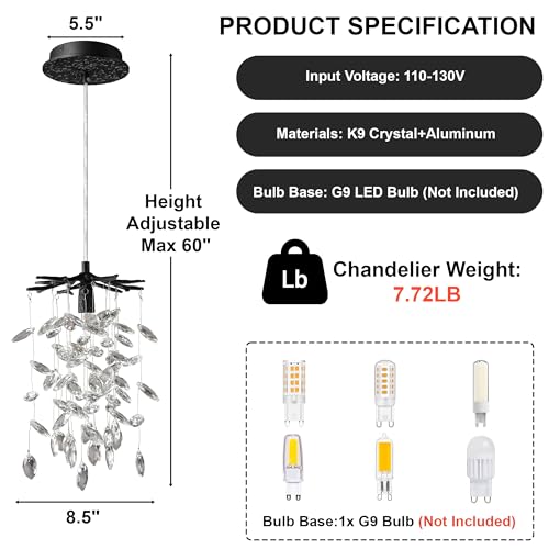 8.3" Black Crystal Pendant Light for Kitchen Island