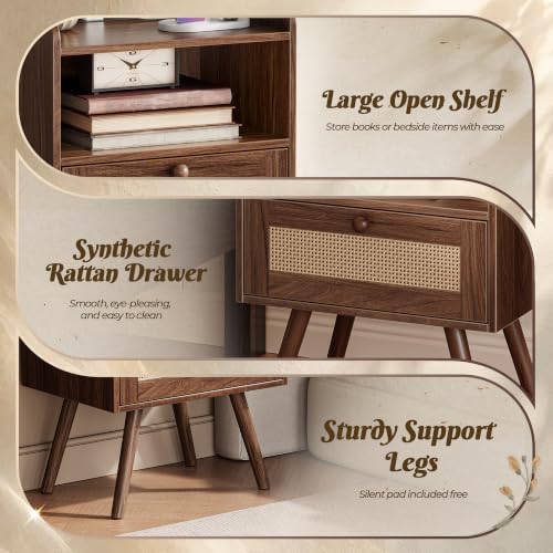 Nightstand with Charging Station & Rattan