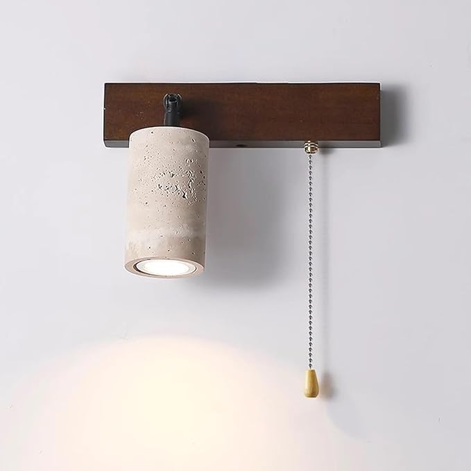 Modern Yellow Travertine Wall Lamp, Japanese Style Wabi Sabi Light Fixture with Stone Shade Pull Switch Wood Base, Adjustable Natural Marble Wall Sconce for Bedside Bedroom Study(Walnut)