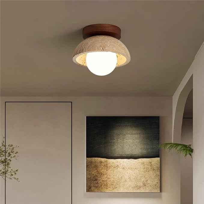 Wabi-Sabi Flush Mount Ceiling Light, Nordic Minimalist Travertine-Look Shade & Wood Base, Natural Globe LED Ceiling Lamp, Earthy Indoor Lighting for Bedroom, Hallway, Entryway Decor.