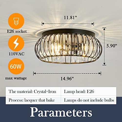 3 Light Flush Mount Ceiling Light Fixtures Modern Crystal Chandelier Black E26 Indoor Lighting for Hallway Bedroom Bathroom Foyer Living Room Dining Room Kitchen