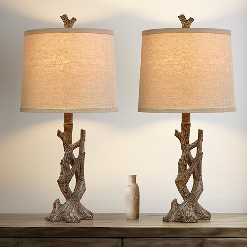 23" Rustic Farmhouse Table Lamp Country Cottage Lamps for Nightstand Tree Trunk Wood Grain Lamp for Bedroom Living Room with Oatmeal Fabric Round Shade Resin Bedside Lamp (2 Count)