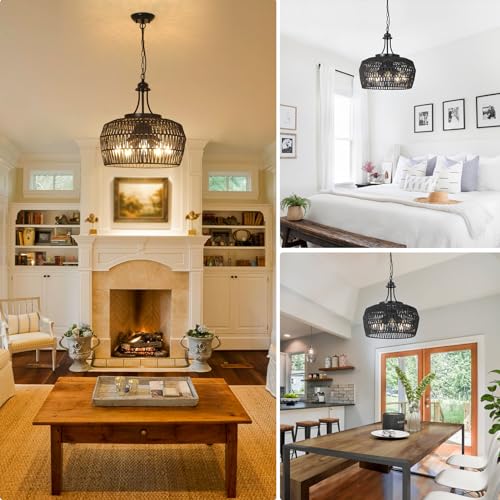 Black Rattan Chandeliers for Dining Room