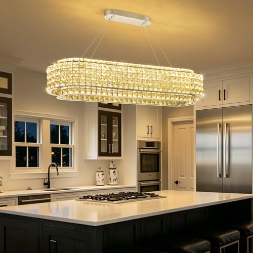 L40 x W12 Modern Chandeliers for Dining Room LED Dimmable Pendant Lighting Ceiling Chandelier Crystal Rectangle Light Fixtures Silver