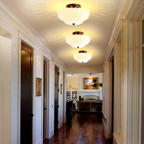 Semi Flush Mount Ceiling Light Fixture 11.8" Vinatge Black Ceiling Lights Mid Century Modern Milk White Glass Close to Ceiling Lighting Fixtures for Bedroom Hallway Foyer Bathroom Kitchen