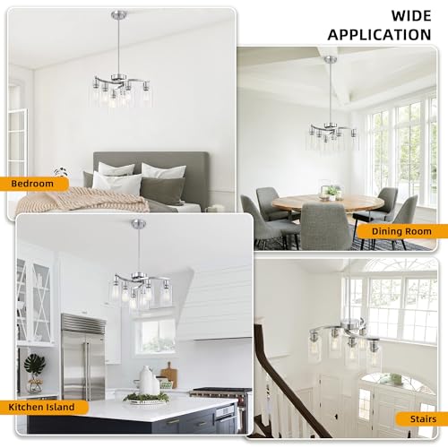 6-Light Modern Chandelier, Brushed Nickel Dining Room Light Fixture, Farmhouse Industrial Chandelier Hanging Over Table, Height Adjustable Pendant Lighting for Kitchen Island Foyer, Clear Glass Shade