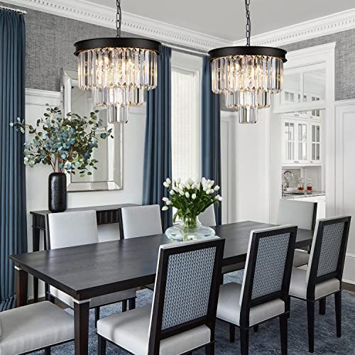 Small Black Crystal Chandelier 16” Modern Dining Room Pendant Light island