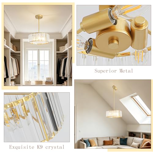 Adjustable Height Modern Gold Crystal Chandelier 12 Inch (Gold / 12 in)