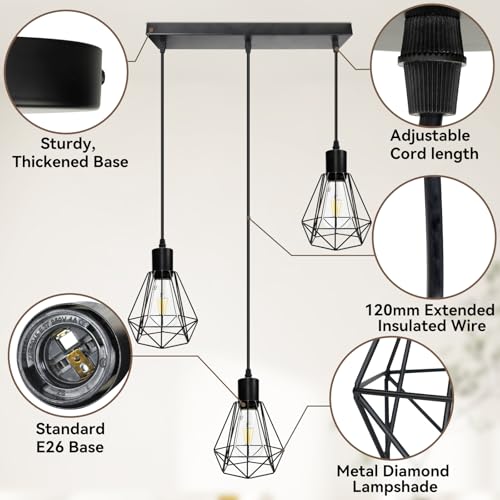 3 Light Black Pendant Lights Hanging Light Fixture Adjustable Cord