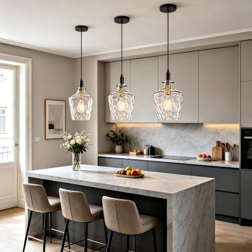 Hammered Glass Pendant Light for Kitchen Island 2 Pack Black Gold 8 Inch (2 Count)