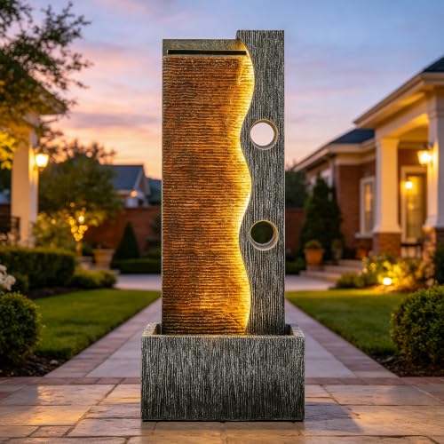 AUTODAYA 39" Zen Faux Slate Outdoor Fountain LED Cascading Waterfall