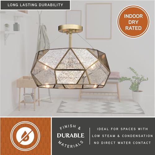 Euclid 16 in W Gold Aged Brass Contemporary Geometric Semi Flush Mount Ceiling Light Fixture with Silver Mercury Glass Shade