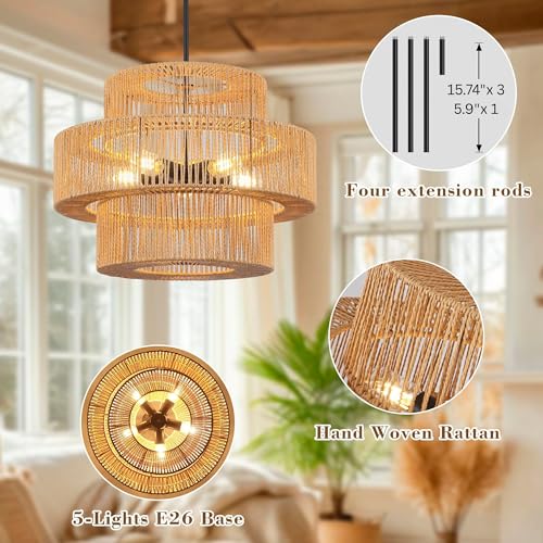 22" Boho Hand Woven Rattan Chandelier Light Fixtures for Dining Room