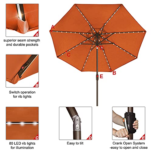 USA 10-Year-Non-Fading 9ft Market Patio Umbrella, Commercial Grade Table Sun Umbrella with 80 Solar LED Lights, Crank Open, Windproof & UPF 50+ UV Protection for Garden, Deck, Pool, Backyard, Rust