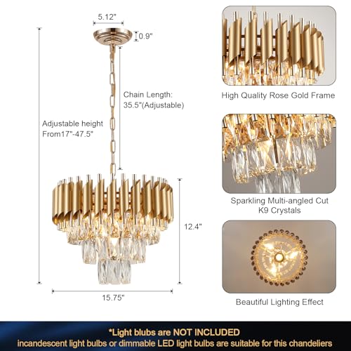 Gold Crystal Chandelier 16”Modern Ceiling Dining Room Pendant Light Fixtur