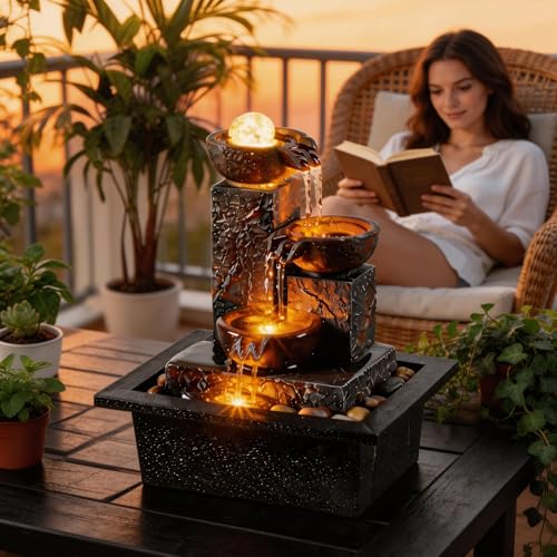 Three Bowls with Rotating Ball Flowing Tabletop Fountain Home Décor Indoor Decor Waterfall Sound Zen Mini Fountain Warm Led Light Pebbles Stone