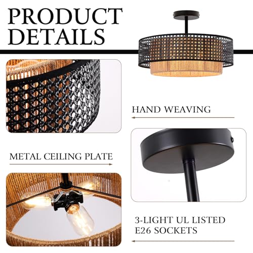 Black Boho Wicker Ceiling Light Fixture