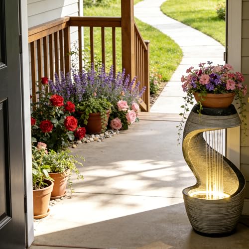 37" S Shaped Outdoor Water Fountain with LED Lights