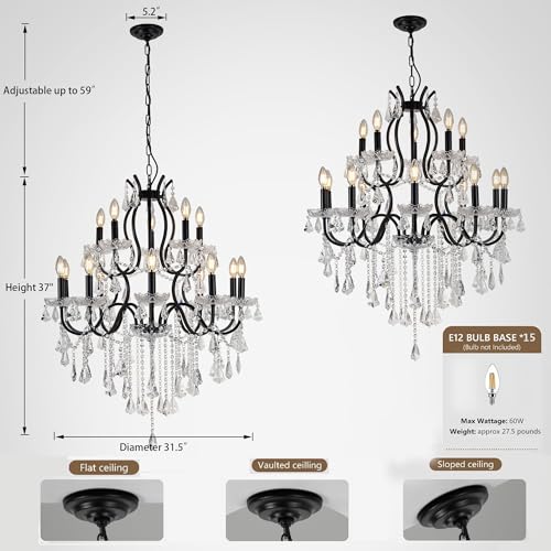 French Country Black Iron Crystal Chandelier