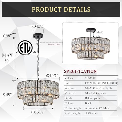 Black Crystal Chandelier 20" 6