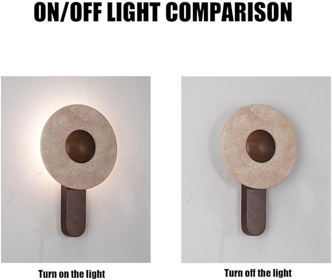Modern Backlit Wall Sconce Travertine Stone Disc Dark Wood Arm Minimalist Hardwired LED Wall Light Fixture for Bedroom Living Room Hallway Accent Decor(Large)