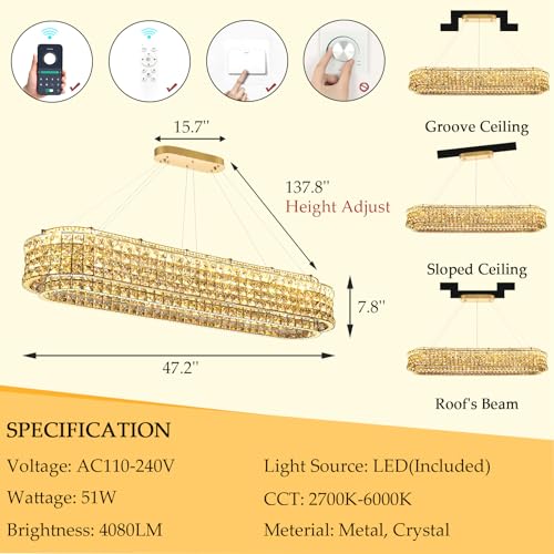 L47 x W12 Modern Chandeliers for Dining Room LED Dimmable Pendant Lighting Ceiling Chandelier Crystal Rectangle Light Fixtures Gold