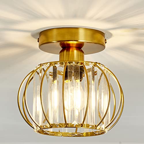 Crystal Semi Flush Mount Ceiling Light Fixture E26 Mini Antique Gold Chandelier Small Ceiling Lamp for Entryway Bedroom Bathroom Hallway Closet Foyer