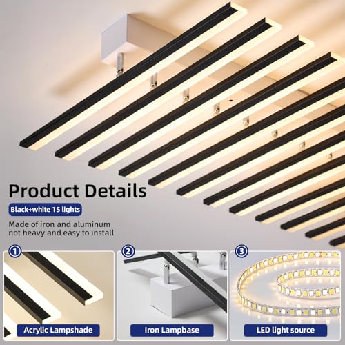 15 Lights Adjustable Linear Modern Ceiling Light with Remote Control Dimmable LED Chandelier Semi Flush Mount Light Fixture for Dining Room Kitchen Island Living Room