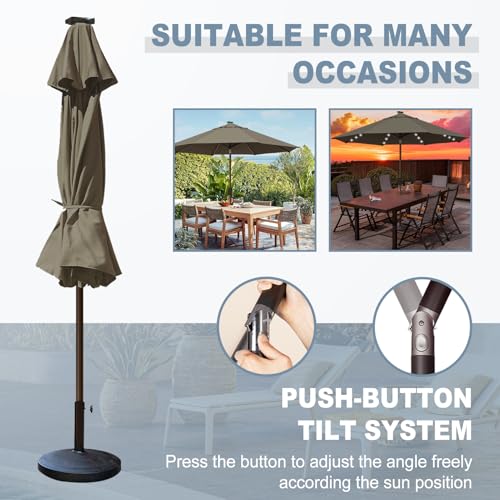 USA 10-Year-Non-Fading 10ft Market Patio Umbrella, Commercial Grade Table Sun Umbrella with 80 Solar LED Lights, Crank Open, Windproof & UPF 50+ UV Protection for Garden, Deck, Pool, Backyard, Taupe
