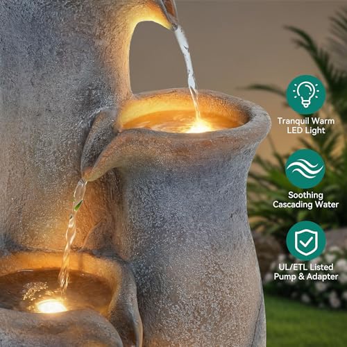 33" Faux Terracotta Vase Water Fountain Outdoor with Warm LED Lights