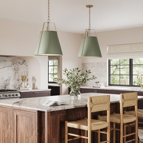 Etcher 18" 2 Light Updated Traditional Pendant with Satin Etched White Glass Diffuser in Heritage Green and Champagne Bronze
