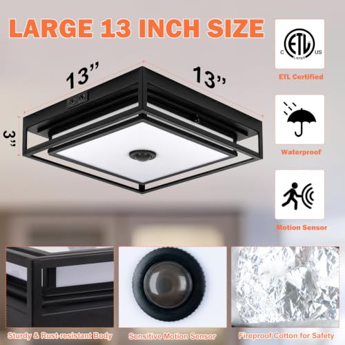 Large LED Motion Sensor Outdoor Ceiling Light 13" Square Flush Mount Lights